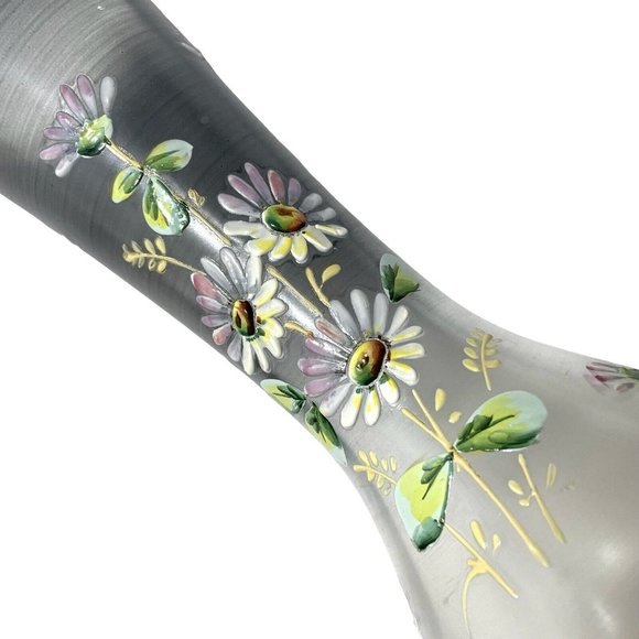 Antique 1890s Pair of Bohemian Art Glass Enameled Tulips Flowers Smokey Grey - Picture 6 of 12